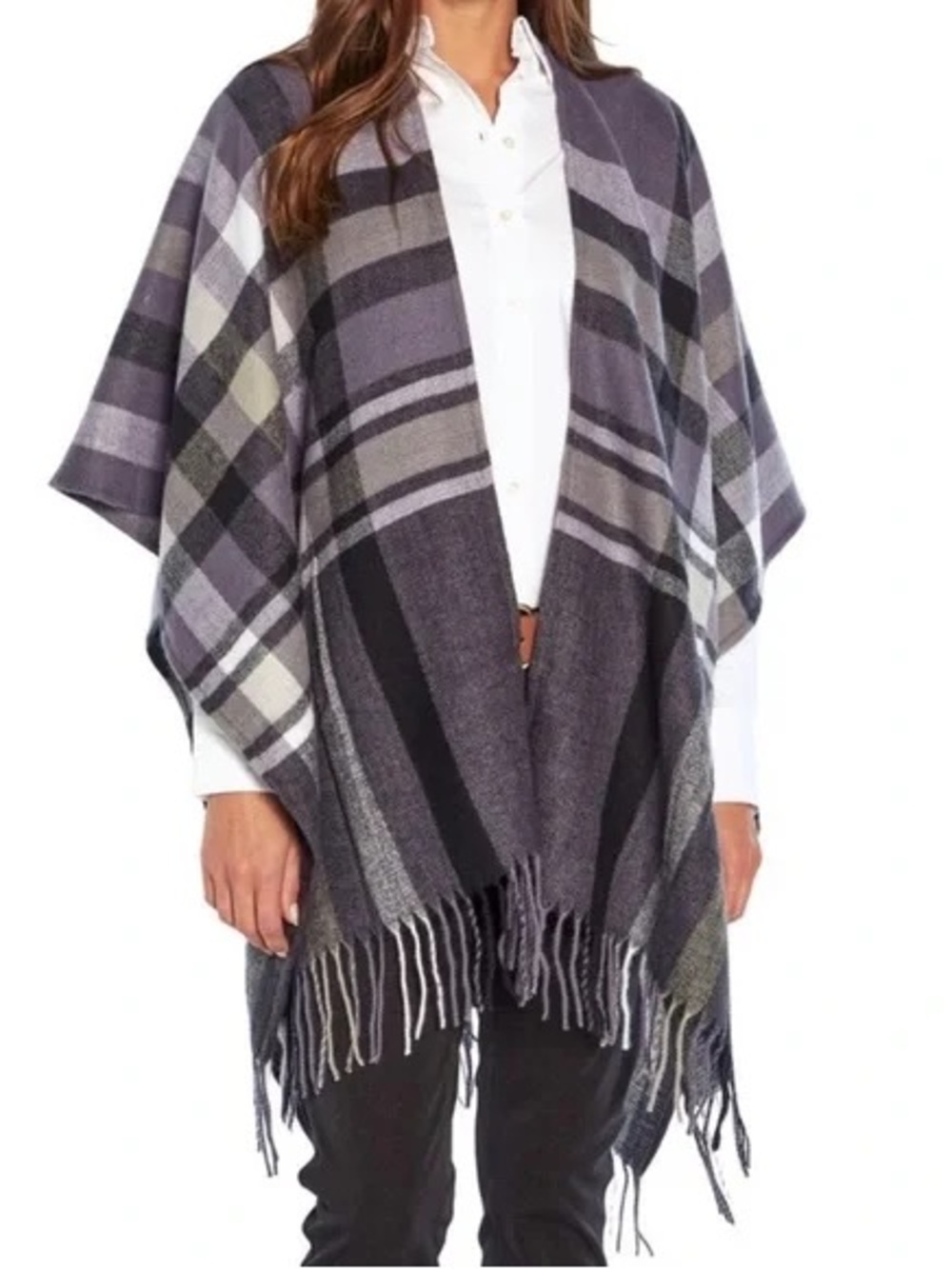 Banana Republic Cashmere Blend Blue Plaid Poncho with Fringe